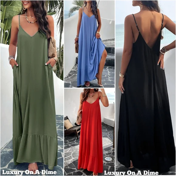 Oversized Pocket Casual Sleeveless V-Neck Low Back Long Summer Maxi Dress Blue - Picture 16 of 16